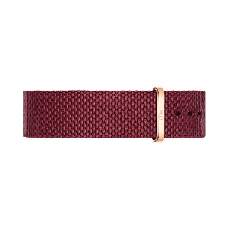 Ruby red NATO fabric watch strap with a rose gold buckle, designed for the Classic Roselyn Rose Gold ladies watch, offering adjustable comfort and a modern, minimalist look.