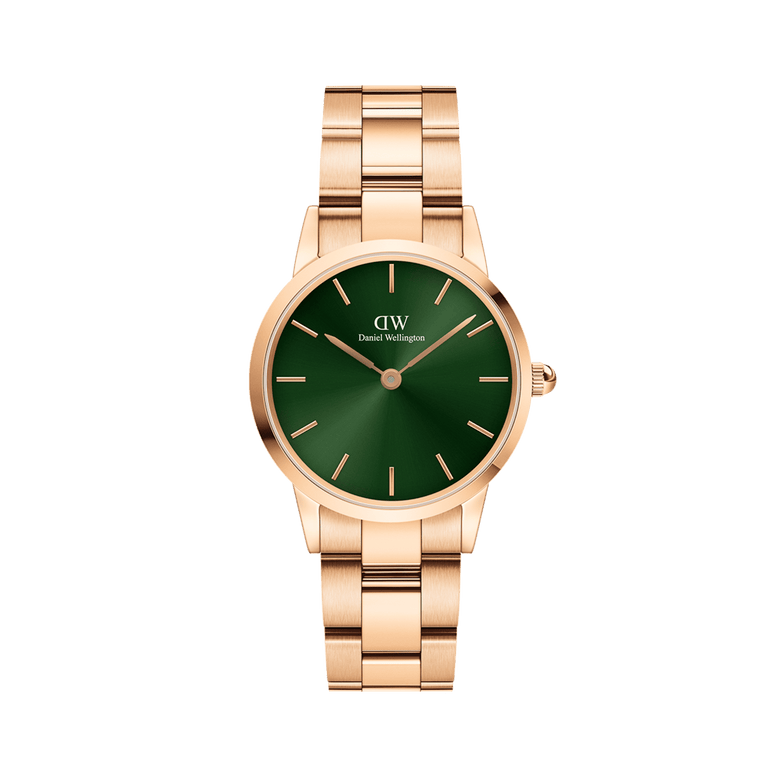 Iconic Link Emerald Green Rose Gold watch featuring a sleek rose gold stainless steel bracelet and a vibrant emerald green dial, designed with minimalist markers for a refined, modern look.