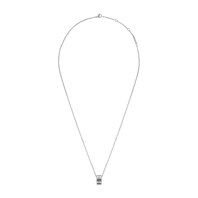 Elan Necklace Silver shown in full length with a polished silver ring pendant on an adjustable fine chain, offering a minimalist and versatile jewellery option.