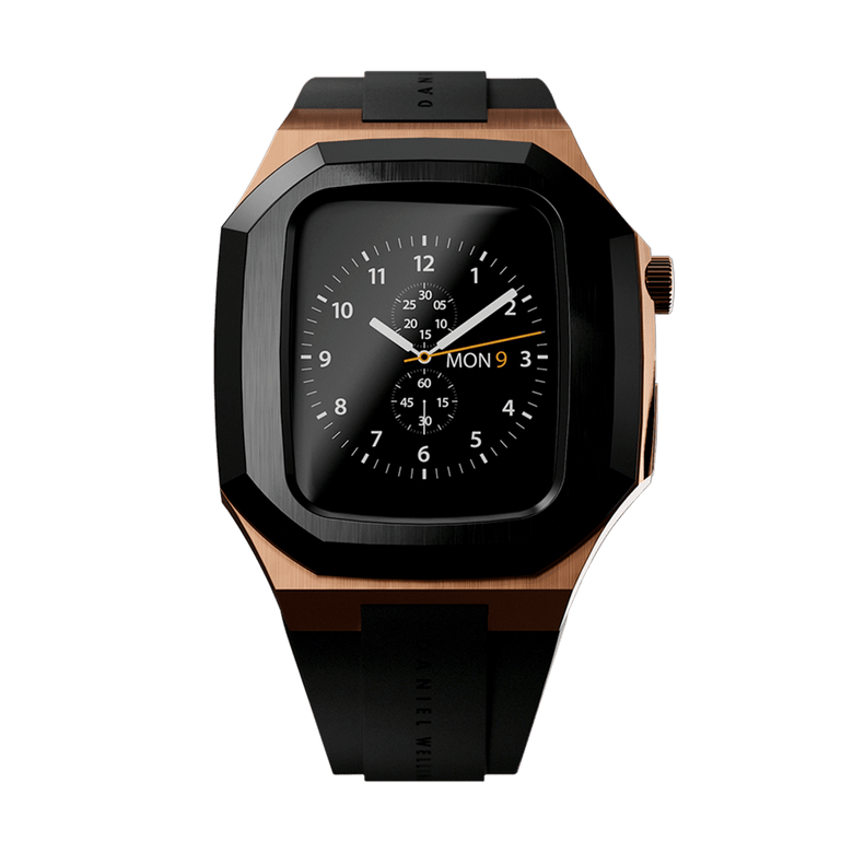 Switch Rose Gold Apple Watch case for men in brushed rose gold stainless steel with a bold black bezel, paired with a black FKM rubber strap and deployment clasp, designed for the 40mm Apple Watch Series 6, 5, 4, and SE.