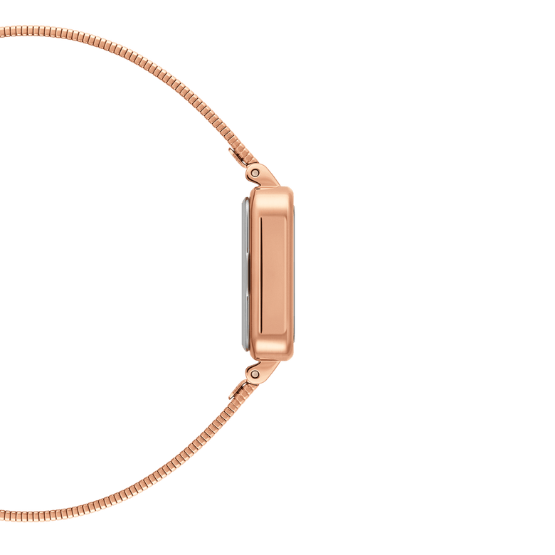 Side profile of the Quadro Studio Green Rose Gold ladies watch, showing the slim rose gold square case and flexible piano link mesh strap.
