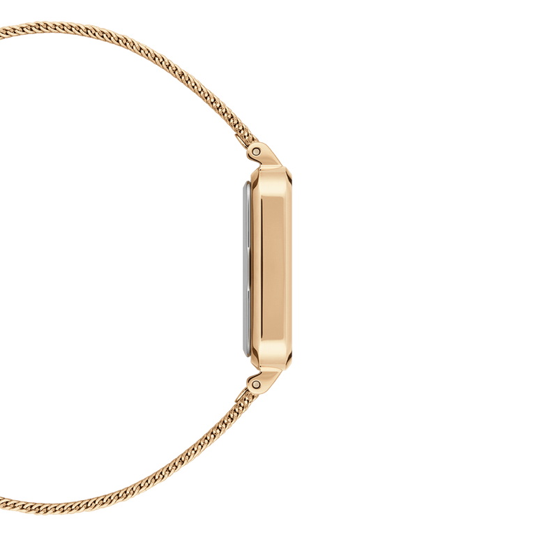 Side view of the Quadro Pressed Melrose Emerald ladies watch, showing the slim rectangular rose gold case and fine mesh bracelet, highlighting its lightweight and elegant profile.
