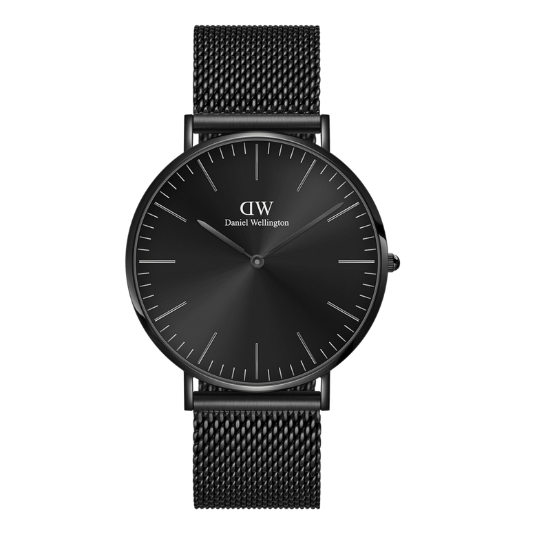 Classic Mesh Onyx Black men's watch with a 40mm black stainless steel case, minimalist black sunray dial, and woven mesh bracelet, showcasing a sleek monochrome design suitable for both formal and casual wear.