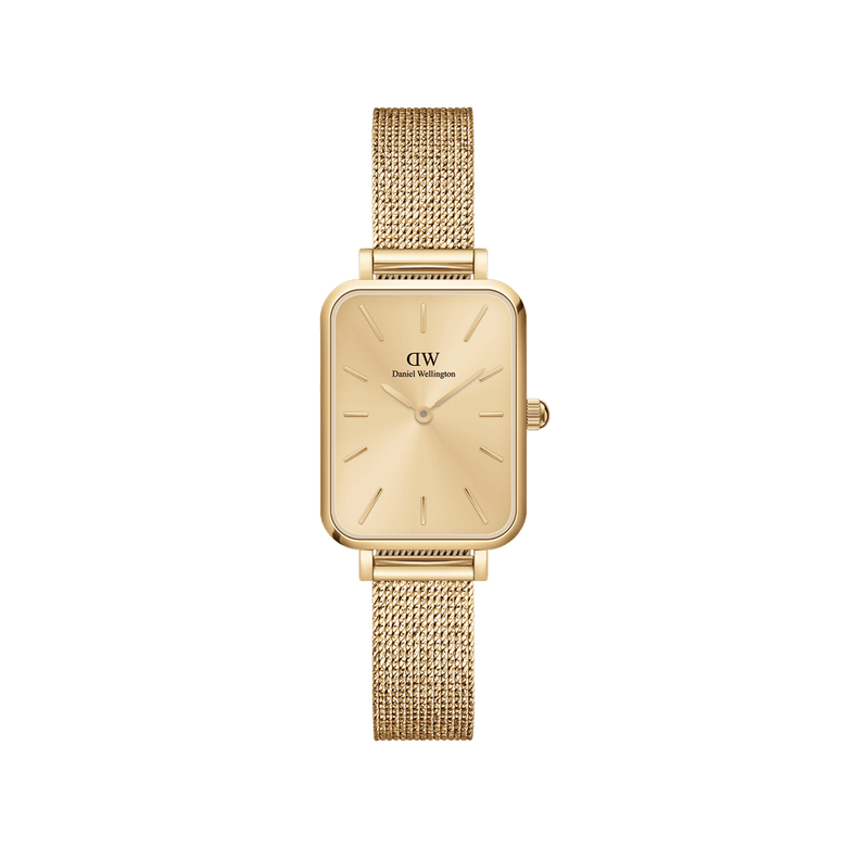 Quadro Pressed Unitone Gold women’s watch with a rectangular gold dial, pressed gold mesh strap, and minimalist hour markers, crafted in stainless steel with a gold PVD finish.