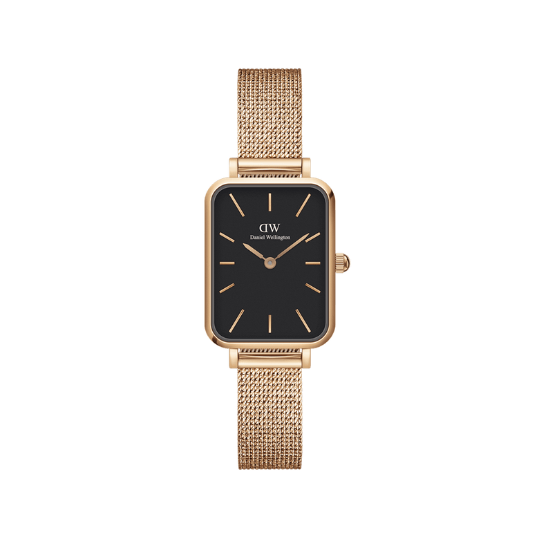 Quadro Pressed Melrose Black Rose Gold watch featuring a slim rectangular black dial, rose gold mesh bracelet, and minimalist hour markers, designed for women seeking a refined and versatile accessory.