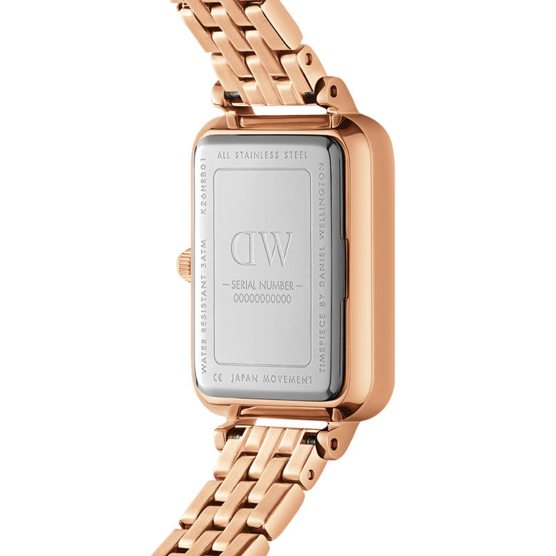 Back view of the Quadro Lumine 5 Link Melrose Pink MoP Rose Gold ladies watch, showing the stainless steel case, engraved details, and rose gold five-link bracelet.