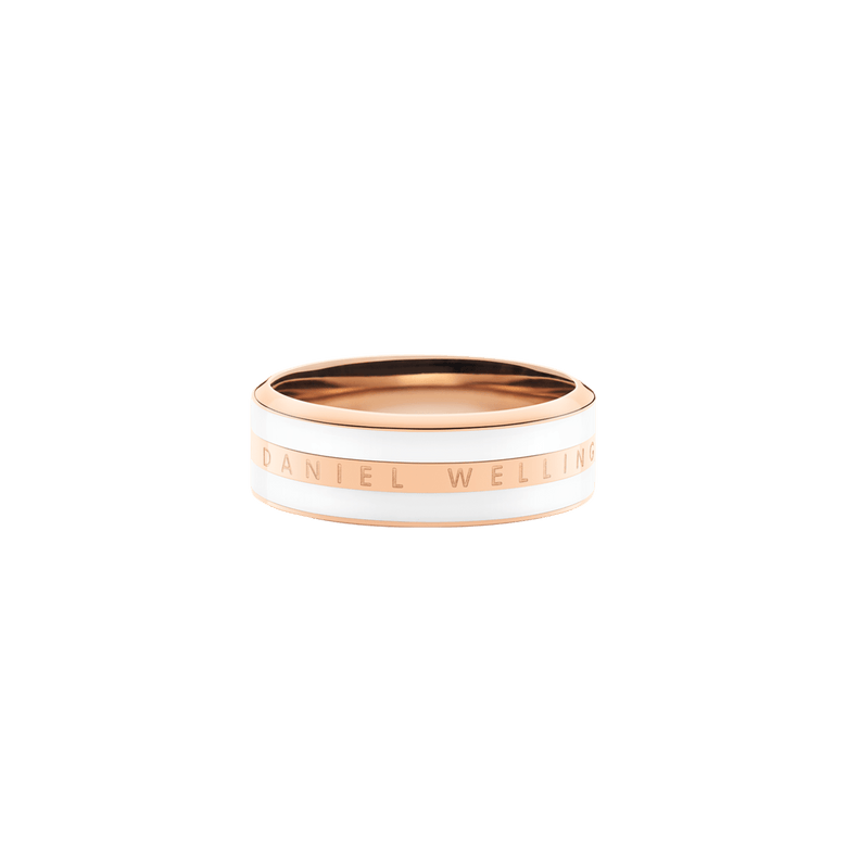 Daniel Wellington Emalie Ring Satin White Rose Gold featuring a polished rose gold band with satin white enamel detailing and engraved branding, designed in a slim, minimalist style ideal for stacking or wearing solo.