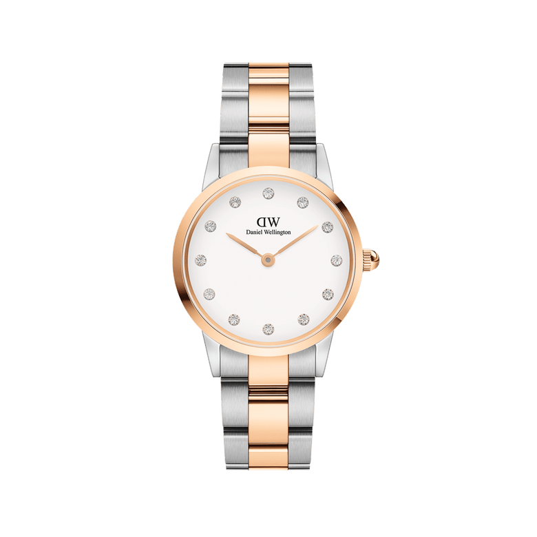 Elegant Iconic Link Lumine Rose Gold ladies watch with a two-tone stainless steel and rose gold bracelet, eggshell white dial, and crystal hour markers, designed for a comfortable fit and timeless style.