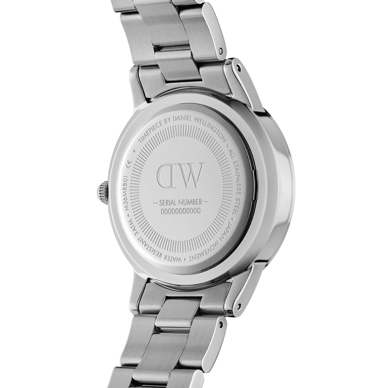 Back view of the Daniel Wellington Iconic Link Arctic Silver watch, showing the engraved stainless steel case back, serial number, and polished silver link bracelet.