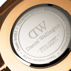 Close-up of the Classic York Black Rose Gold watch case back, showing engraved branding, stainless steel construction, water resistance details, and Japanese movement information.