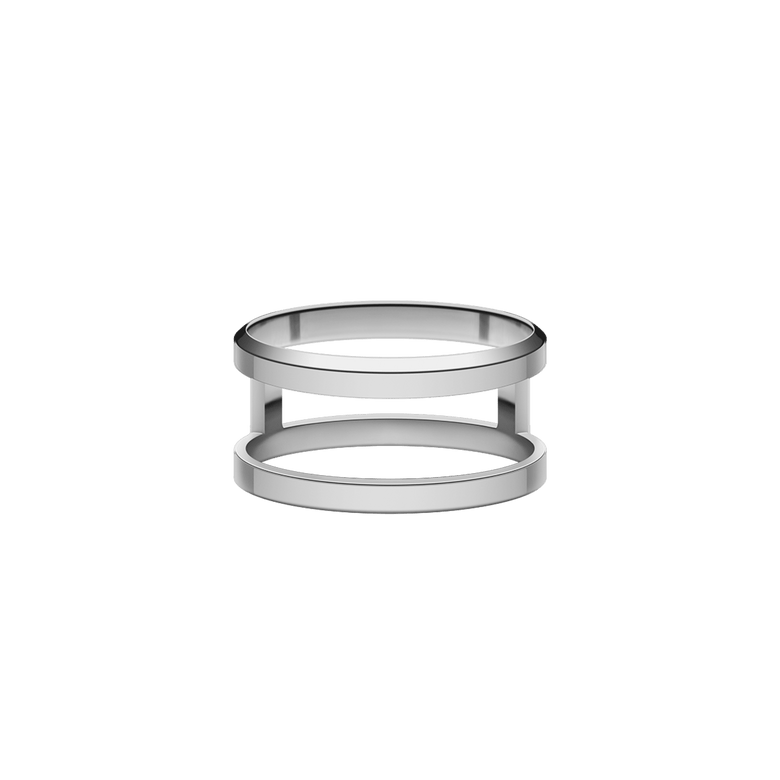 Elan Dual Ring Silver with a distinctive double-band design and polished silver finish, crafted from stainless steel for a sleek, modern look.