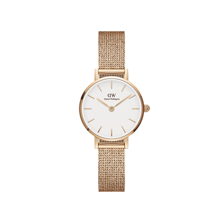 Petite Pressed Melrose Rose Gold ladies watch with a slim rose gold mesh strap and minimalist white dial, featuring a petite 24mm case for a refined, comfortable fit.