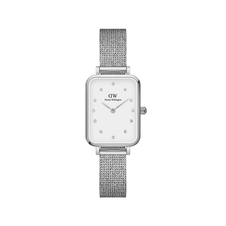 Quadro Lumine Pressed Sterling features a petite rectangular silver case, eggshell white dial with crystal indexes, and a slim silver mesh bracelet, offering a refined and comfortable fit for small wrists.