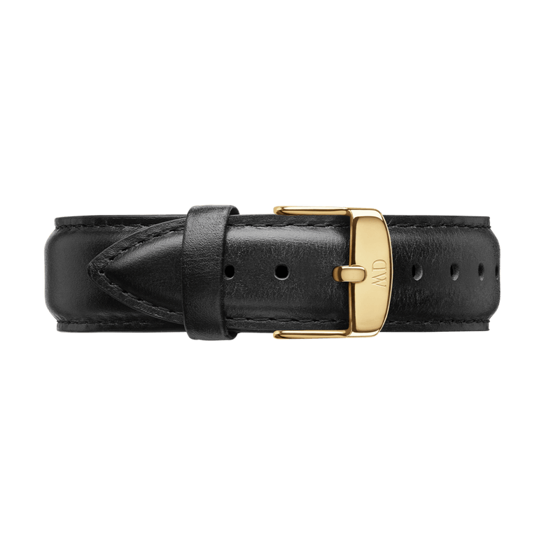 Black genuine leather watch strap with a polished gold buckle, designed for the Classic Sheffield Gold, offering a secure and comfortable fit with a refined, timeless look.