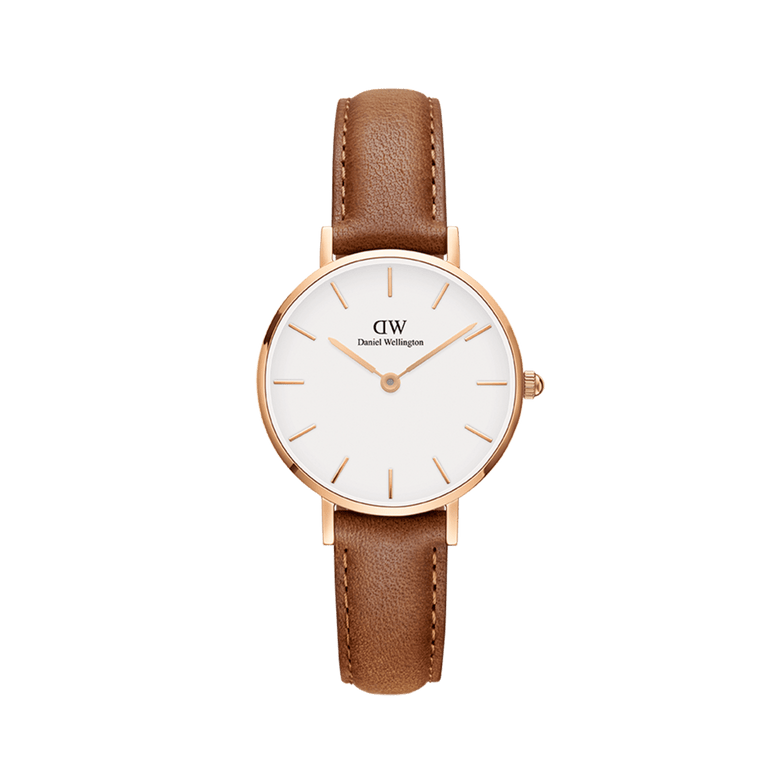 Petite Durham Rose Gold ladies watch featuring a slim rose gold case, minimalist eggshell white dial, and a light brown leather strap with visible stitching.