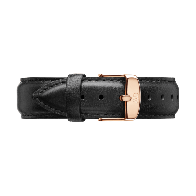 Black genuine leather watch strap with a polished rose gold buckle, designed for the Classic Sheffield Rose Gold watch.
