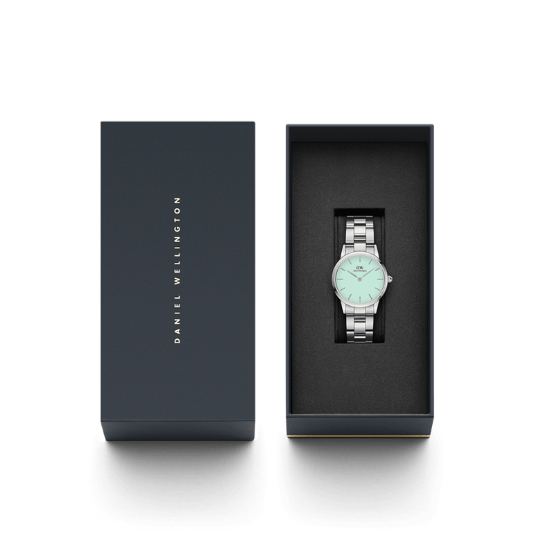 Iconic Link Mint Silver ladies watch with a mint green dial and stainless steel bracelet, elegantly presented in a Daniel Wellington gift box.