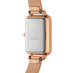 Rear view of the Quadro Lumine Pressed Melrose rose gold ladies watch, showing the stainless steel case back, engraved details, and the adjustable rose gold mesh bracelet.