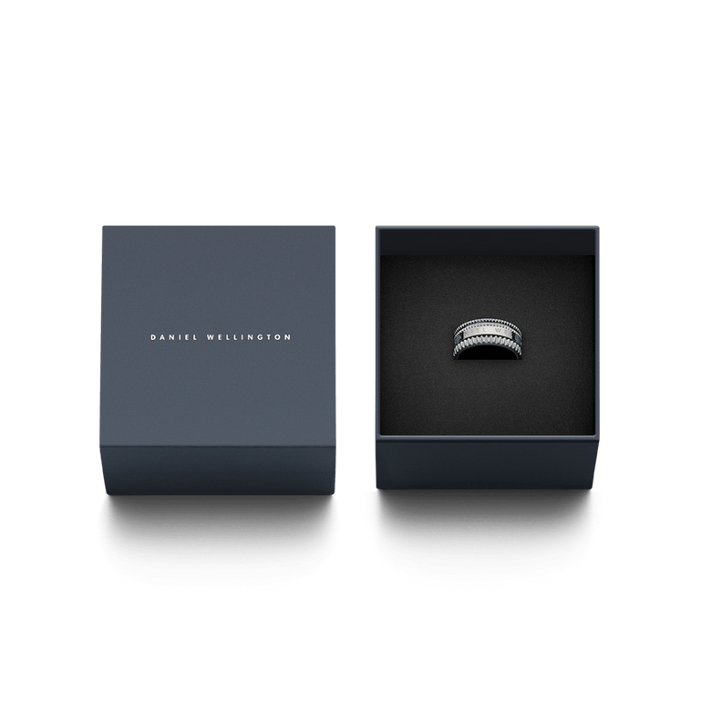 Elevation Ring Silver by Daniel Wellington presented in a sleek dark gift box, highlighting its geometric textured edges and polished engraved centre for a modern, stylish gifting option.