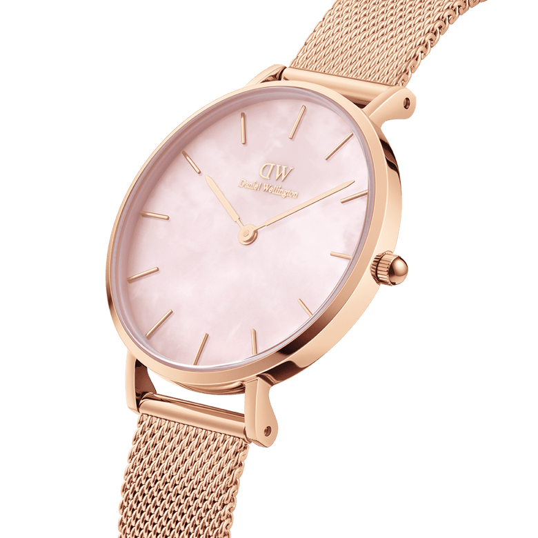 Close-up of the Petite Melrose Pearl featuring a rose gold mesh strap and a pink mother of pearl dial, highlighting its refined minimalist design and elegant finish.