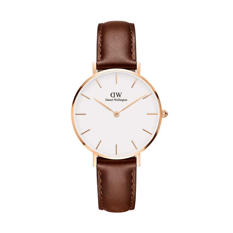 Petite St Mawes rose gold women’s watch with a minimalist white dial and a slim brown leather strap, featuring a refined design ideal for everyday wear and pairing easily with both casual and work outfits.
