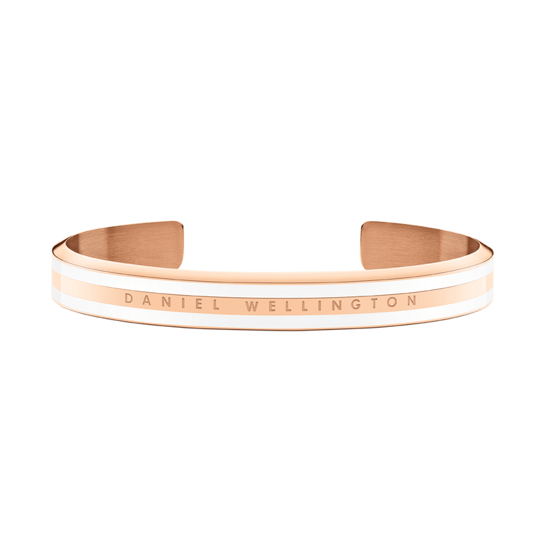 Open cuff Emalie Slim Bracelet Rose Gold with a polished rose gold finish, satin white enamel detailing, and Daniel Wellington logo engraving, designed for a modern minimalist look.