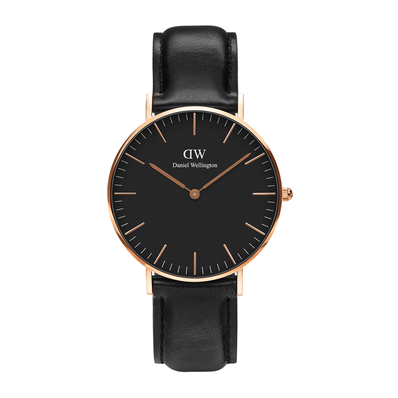 Classic Sheffield Black Rose Gold men’s watch with a black dial, slim rose gold case, minimalist markers, and a genuine black leather strap, shown against a plain background.
