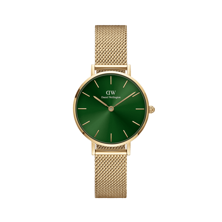 Gold mesh strap women’s watch with a deep emerald green sunray dial, minimalist gold hour markers, and a slim, adjustable band for a refined, modern look.