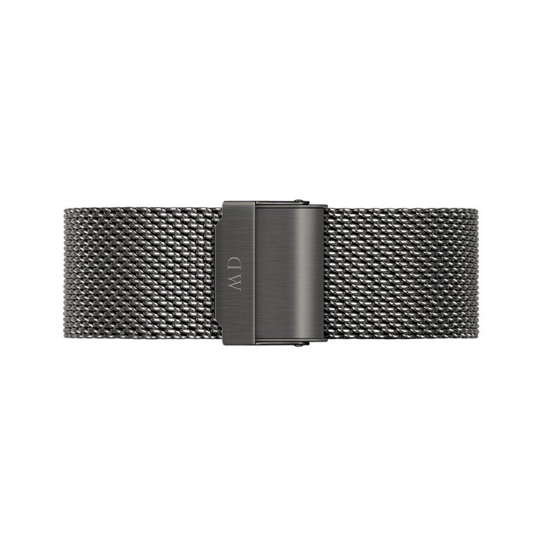 Graphite grey stainless steel mesh strap with a secure clasp, designed for the Classic Mesh Graphite watch, highlighting its adjustable and breathable construction.