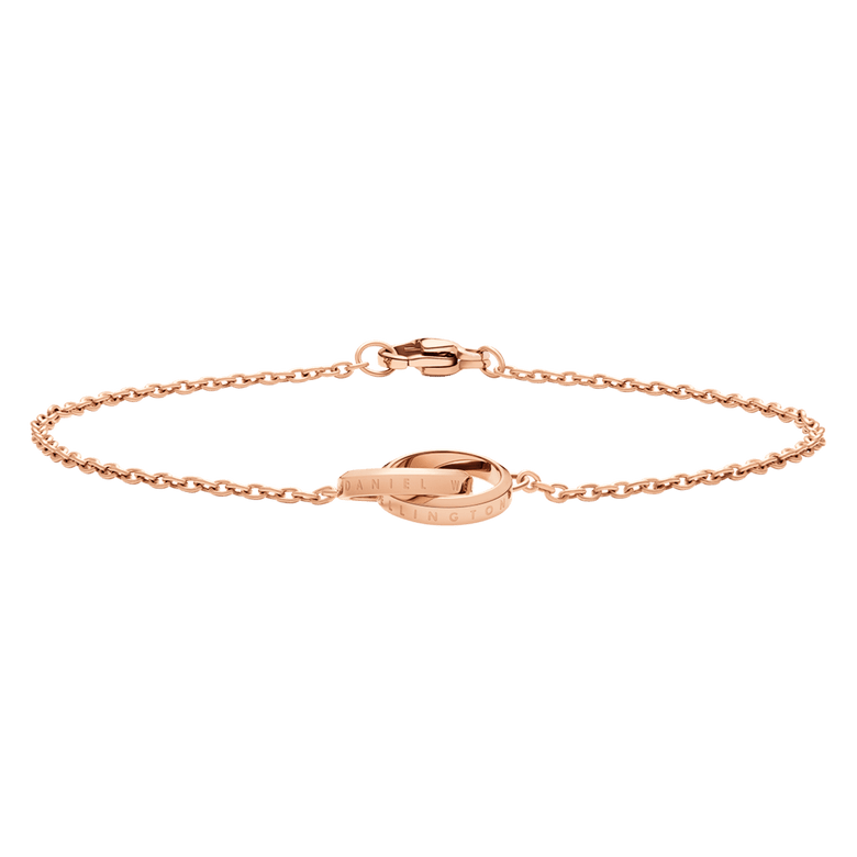 Elegant Elan Unity Bracelet Rose Gold with two intertwined rings and a delicate rose gold chain, featuring a secure clasp and minimalist styling suitable for layering.
