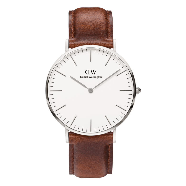Classic St Mawes Silver watch with a polished silver case, minimalist eggshell white dial, and brown leather strap, showcasing a refined and versatile design suitable for everyday wear.