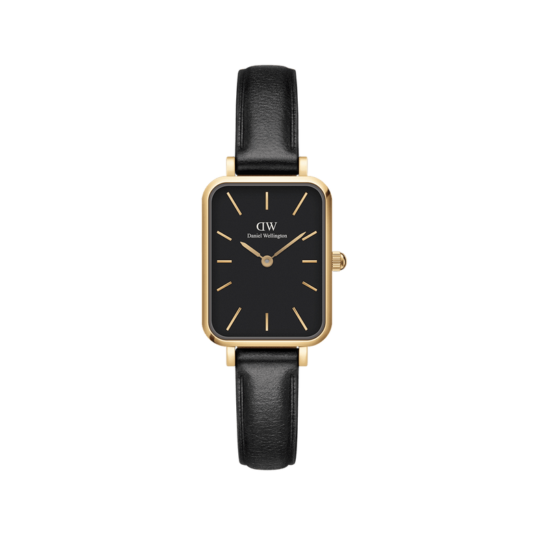 Quadro Pressed Sheffield Black Gold ladies watch featuring a rectangular gold stainless steel case, minimalist black dial with gold markers, and a slim black leather strap.