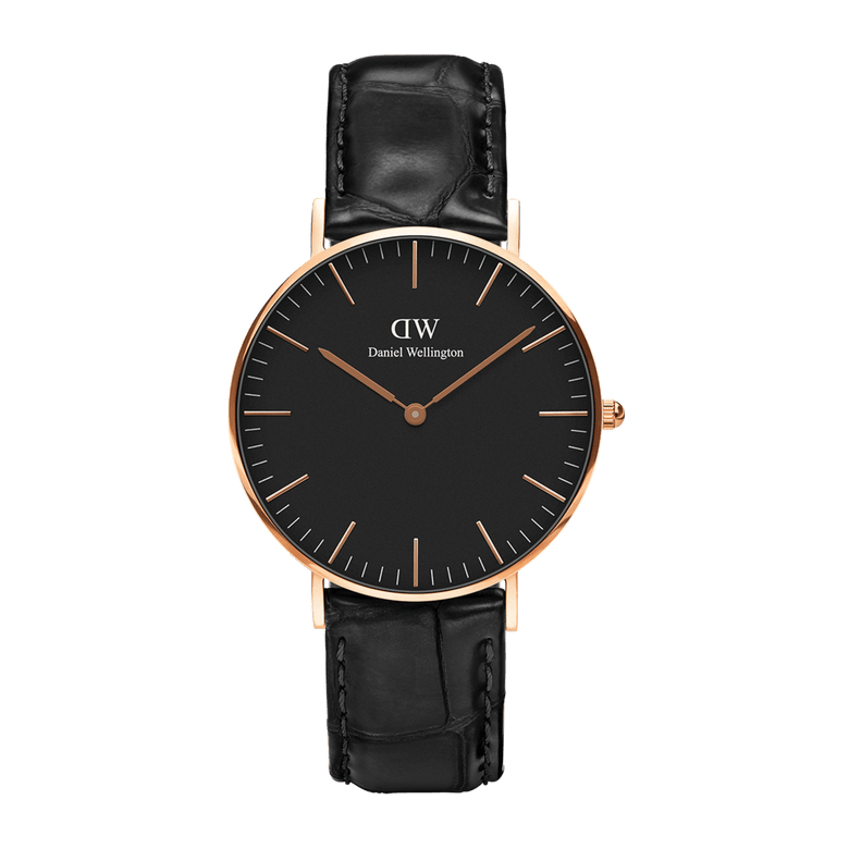 Classic Reading Black Rose Gold watch featuring a slim rose gold case, minimalist black dial, and genuine black croc-embossed leather strap for a refined, versatile look.