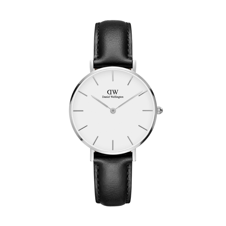 Petite Sheffield Silver ladies watch with a polished stainless steel case, minimalist eggshell white dial, and slim black genuine leather strap, ideal for everyday wear and versatile styling.
