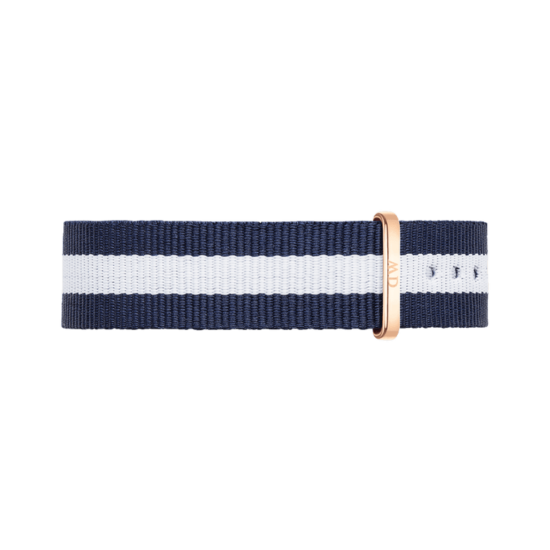 Classic Glasgow Rose Gold NATO strap in blue and white striped polyester with a rose gold buckle, designed for comfort and a nautical-inspired look.