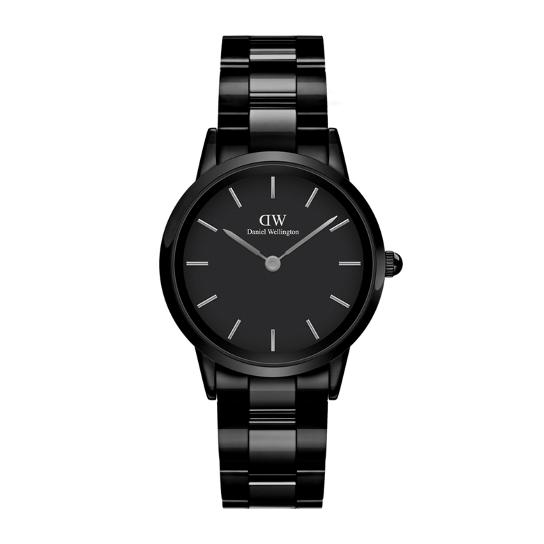 Elegant Iconic Link Ceramic women’s watch featuring a glossy black ceramic link bracelet, minimalist black dial, and silver-tone hands and markers, designed for a sleek and modern look.