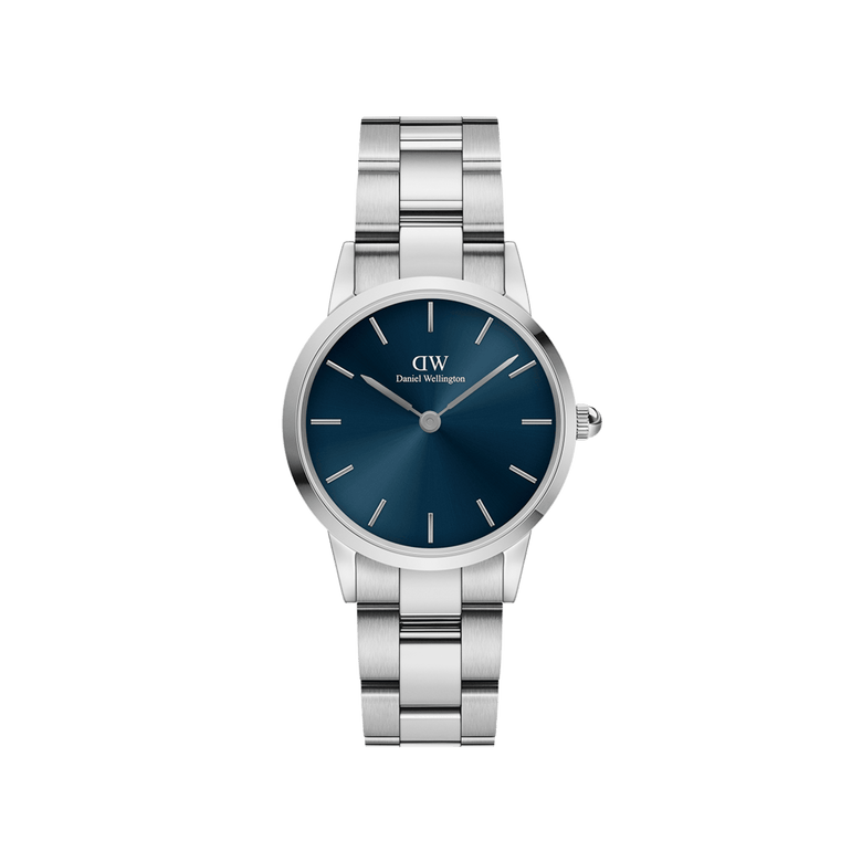 Iconic Link Arctic Silver wristwatch with a stainless steel adjustable bracelet and a deep blue round dial, featuring minimalist hour markers and a sleek, modern design.