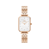 Quadro Lumine 5 Link Melrose White MoP Rose Gold ladies watch with a rectangular rose gold case, white mother of pearl dial, crystal hour markers, and a slim 5-link rose gold bracelet.