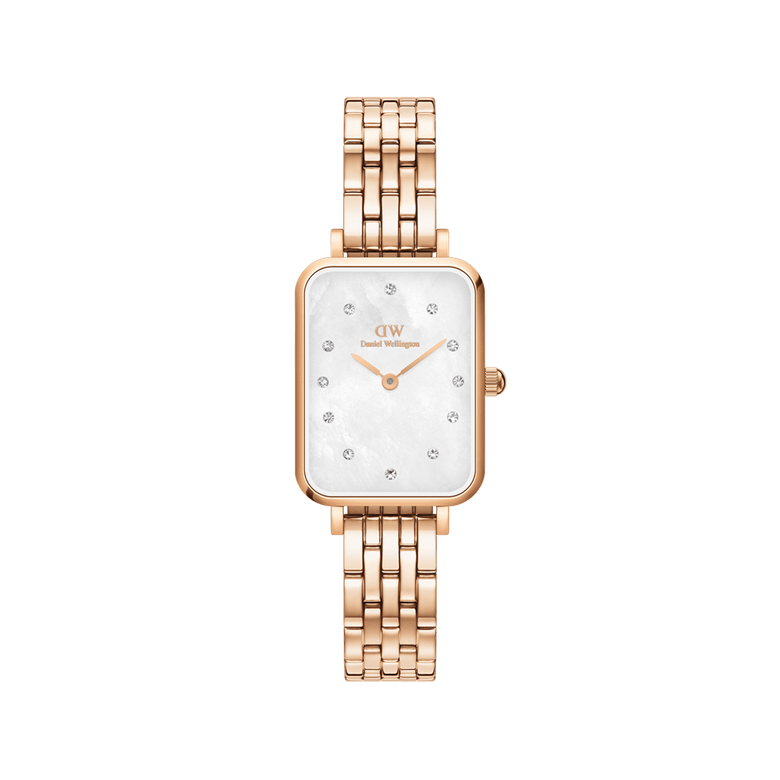 Quadro Lumine 5 Link Melrose White MoP Rose Gold ladies watch with a rectangular rose gold case, white mother of pearl dial, crystal hour markers, and a slim 5-link rose gold bracelet.