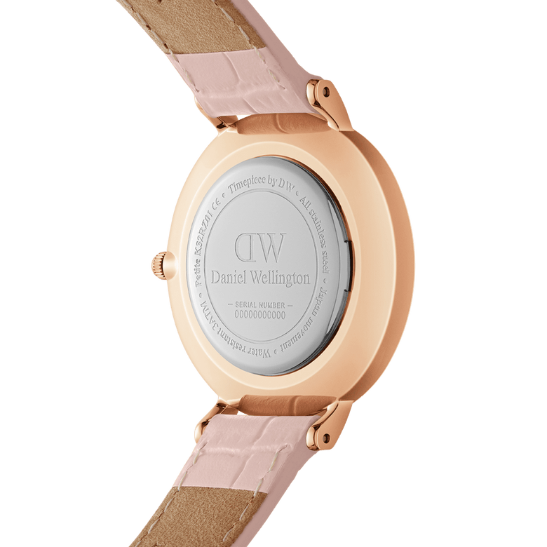 Back view of the Petite Rouge Pink MoP Rose Gold ladies watch, showing the engraved stainless steel case and the underside of the soft pink croc-pattern genuine leather strap.