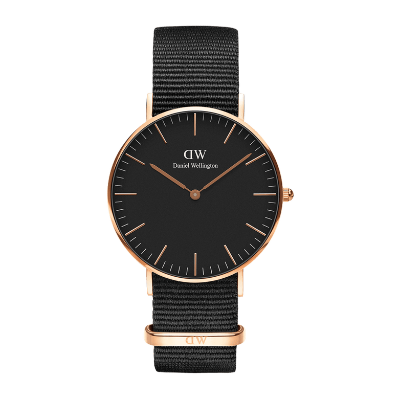 Classic Cornwall Black Rose Gold watch with a sleek black dial, rose gold stainless steel case, and a black NATO style polyester strap, ideal for both formal and casual wear.