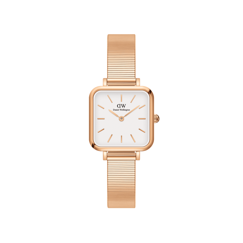 Quadro Studio Rose Gold watch with a square eggshell white dial, minimalist rose gold hour markers, and a slim piano link rose gold strap, designed for women seeking a refined and versatile accessory.