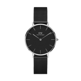 Petite Ashfield Silver watch featuring a minimalist black dial, slim silver case, and adjustable black stainless steel mesh strap, designed for a refined and versatile look suitable for everyday wear.