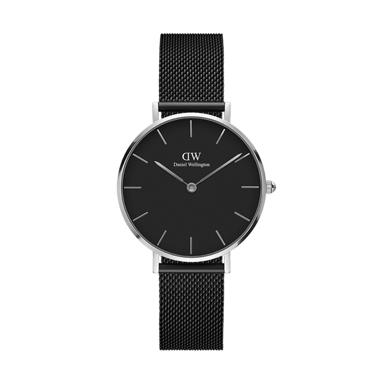 Petite Ashfield Silver watch featuring a minimalist black dial, slim silver case, and adjustable black stainless steel mesh strap, designed for a refined and versatile look suitable for everyday wear.
