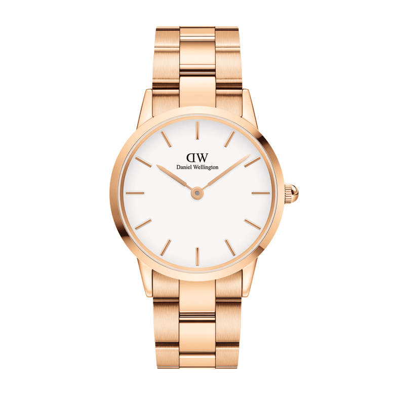 Rose gold Iconic Link Rose Gold watch with a minimalist eggshell white dial and polished three-link bracelet, featuring a refined and versatile design suitable for both men and women.