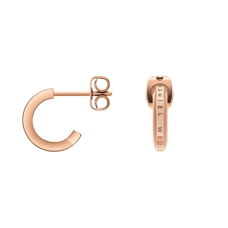 Daniel Wellington Elan Earrings Rose Gold displayed from side and front views, highlighting the minimalist huggie shape, engraved logo, and polished rose gold finish.
