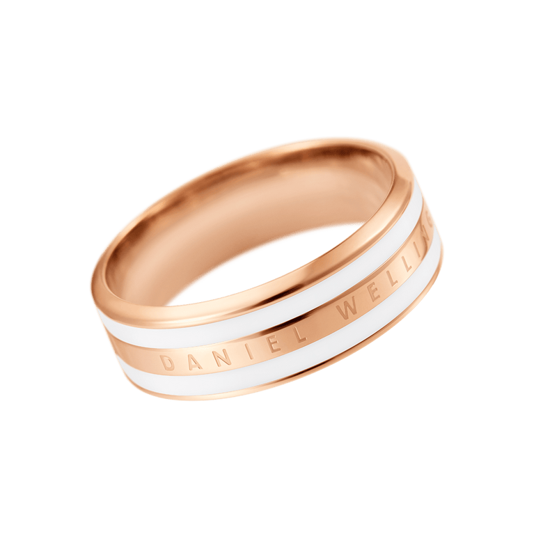 Rose gold Daniel Wellington Emalie Ring featuring a slim band with satin white enamel detailing and engraved branding, showcasing a modern minimalist design suitable for everyday wear or special occasions.