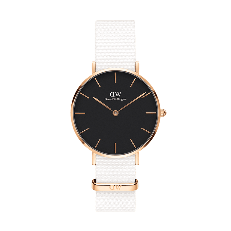 Petite Dover Black Rose Gold ladies watch with a slim rose gold case, minimalist black dial, and an adjustable white NATO fabric strap, offering a modern and versatile accessory for everyday wear.