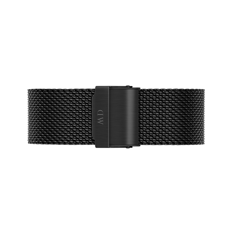 Black stainless steel mesh strap from the Classic Mesh Onyx Black watch, featuring a secure clasp and a finely woven design for a comfortable, adjustable fit.
