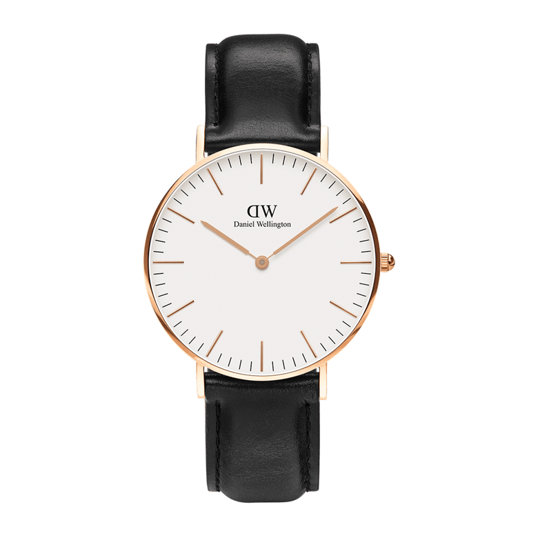 Classic Sheffield Rose Gold watch with a minimalist eggshell white dial, slim rose gold hands, and a polished rose gold case paired with a genuine black leather strap.